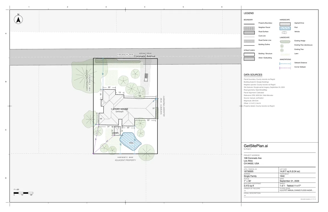 Site plan preview for 108 Coronado Ave, Los Altos, CA