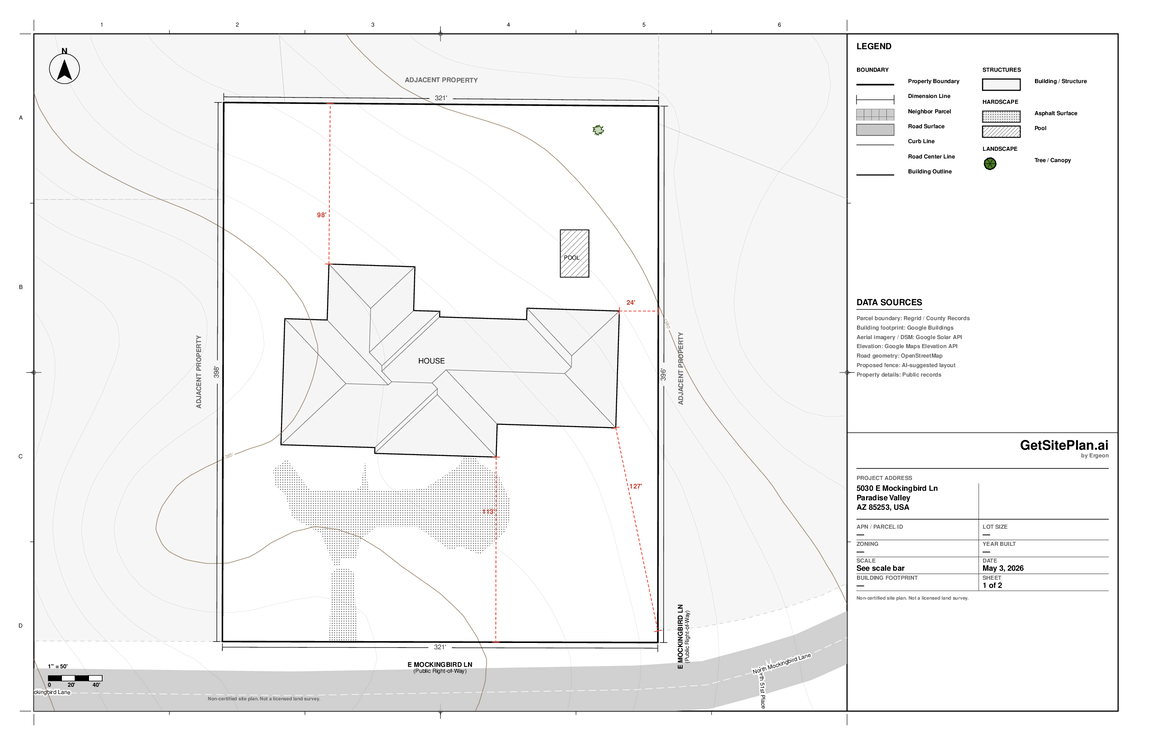 Site plan preview for 5030 E Mockingbird Ln, Paradise Valley, AZ